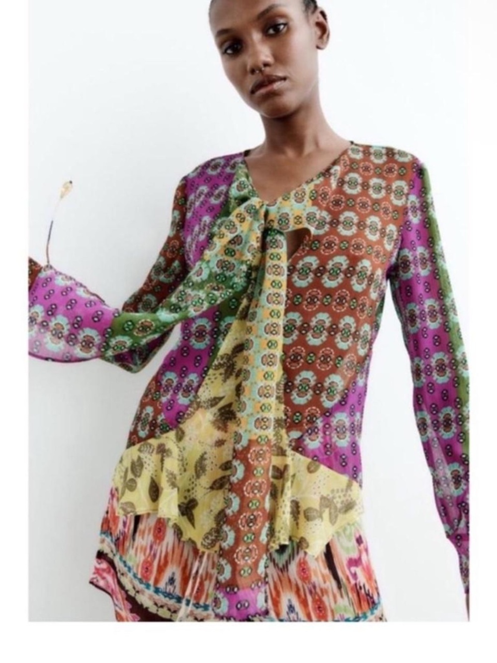Zara Studio Zodiac Patchwork Chiffon Boho Multi-Color Printed Tie-Neck Blouse - Picture 6 of 7